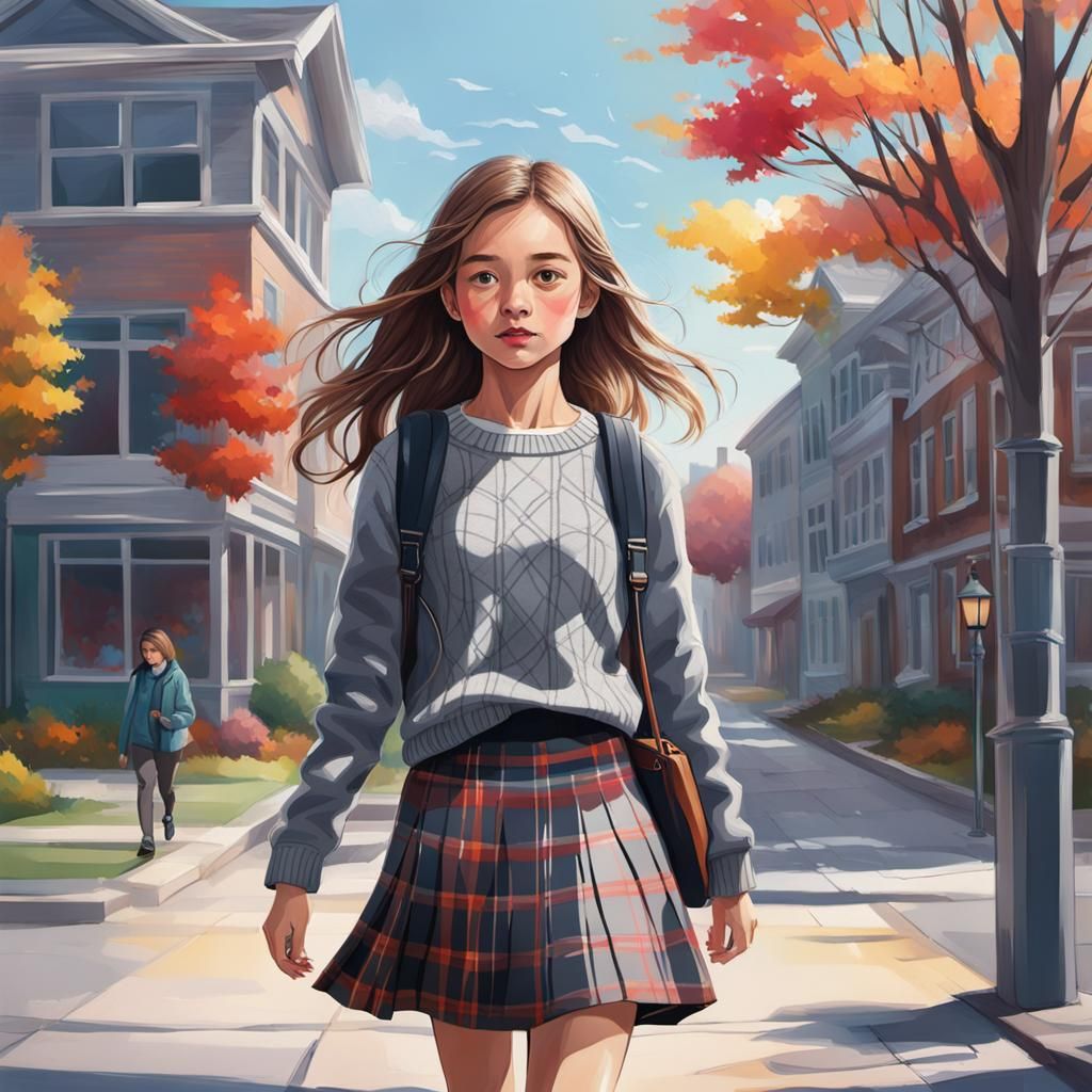 Cute Girl in Plaid Skirt Walks to School