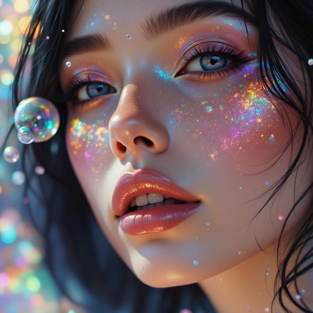 Ethereal Woman's Portrait with Iridescent Glitch Effects