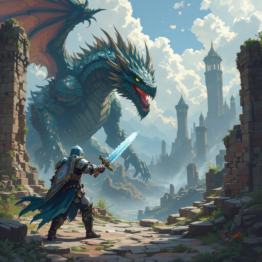 Minecraft Warrior Battles Dragon in Dystopian Landscape