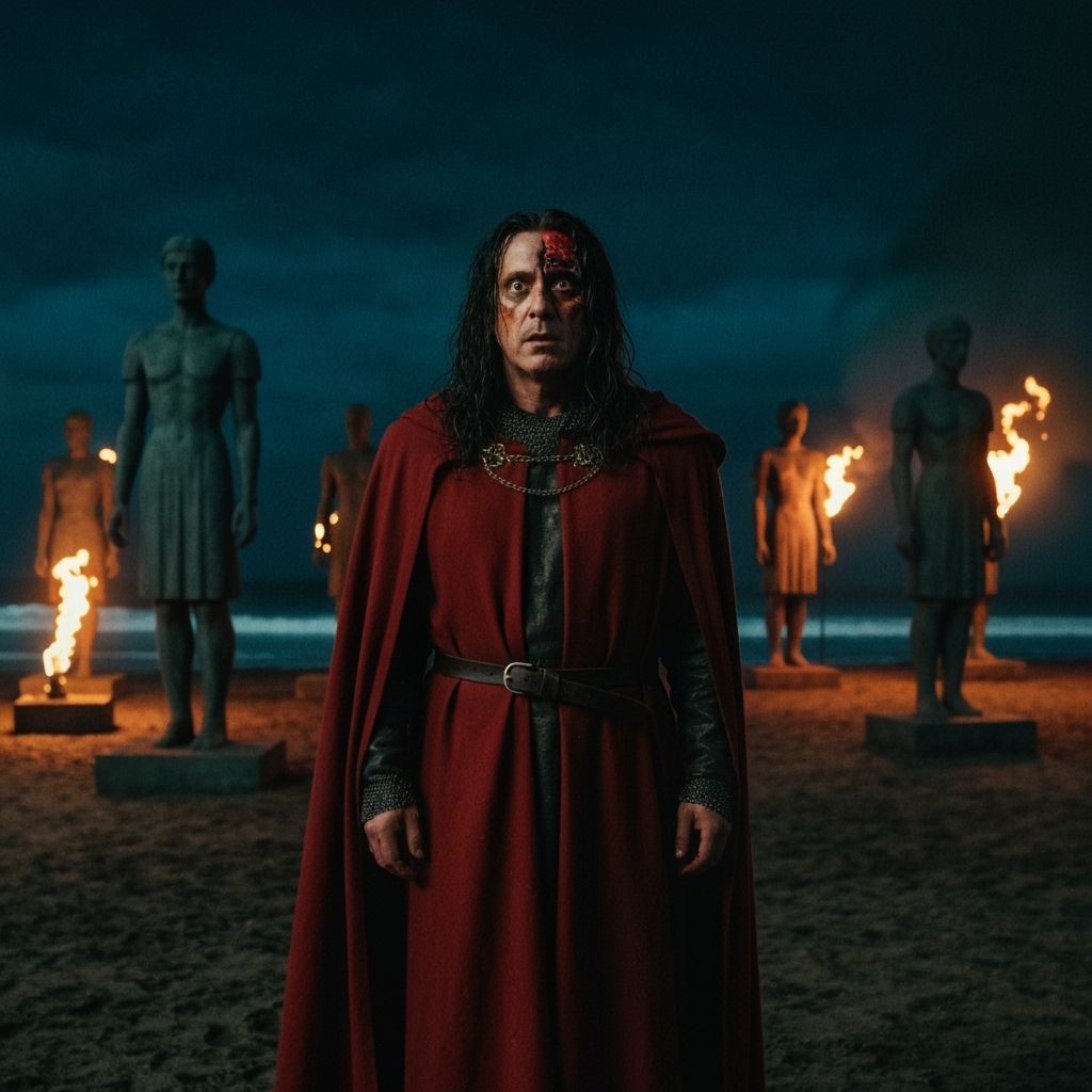 Fearsome Knight on Burning Shore in Cinematic Style