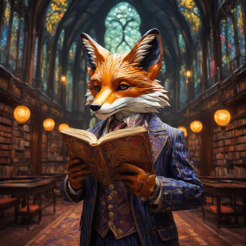 Alebrije Fox Professor in Art Nouveau Library