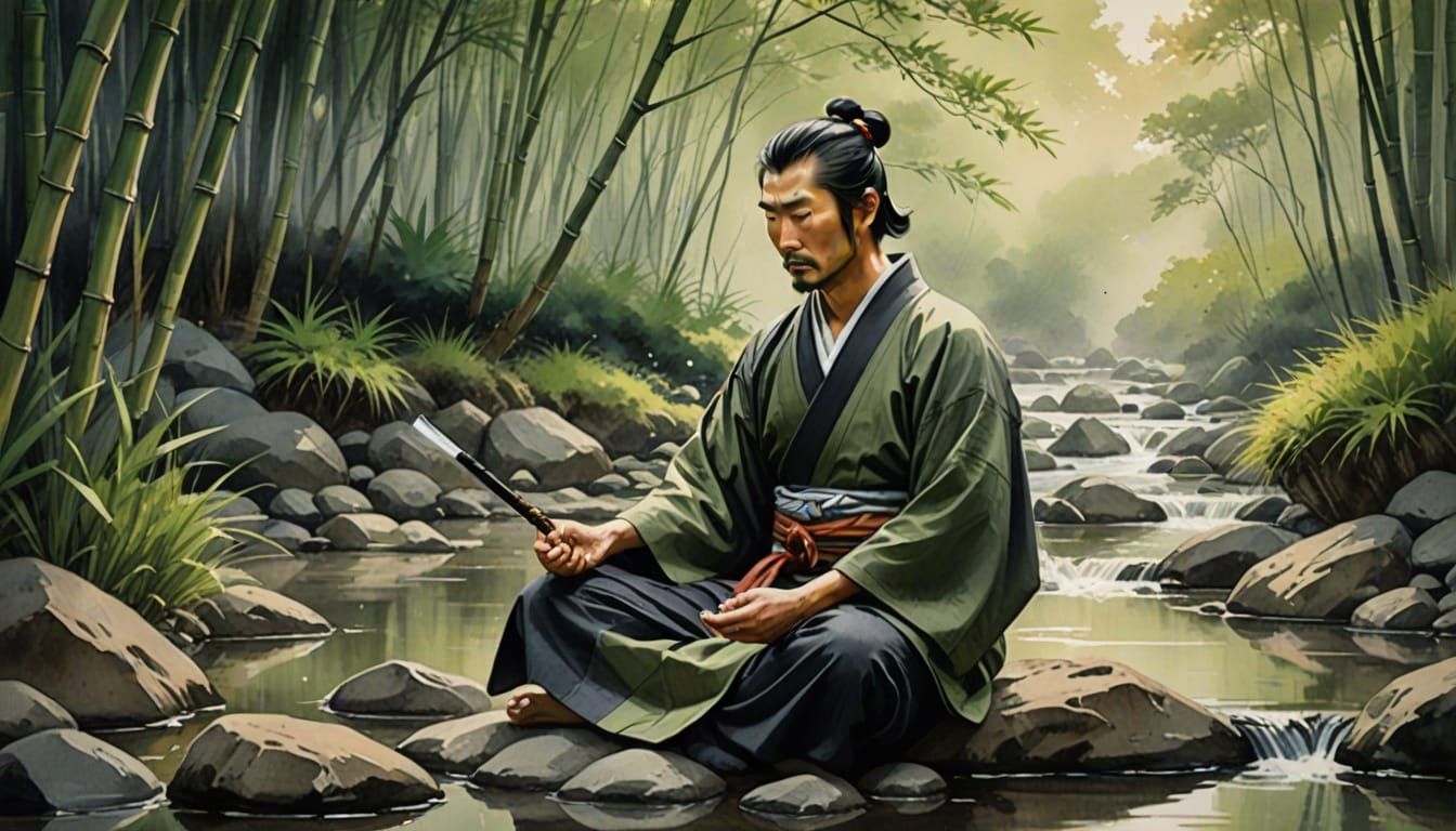 Samurai Meditating in Bamboo Forest, Japanese Watercolor Sty...