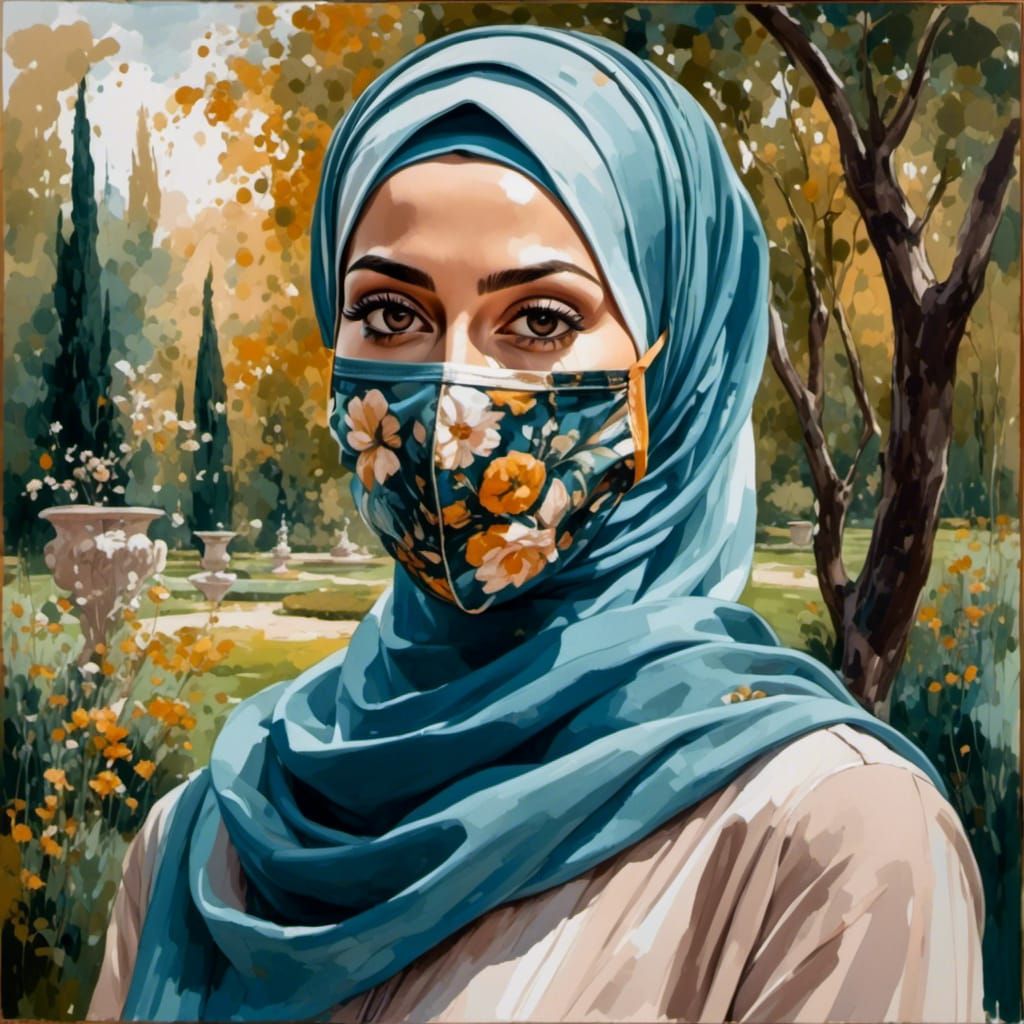 Young Woman in Hijab and Mask, Oil Painting