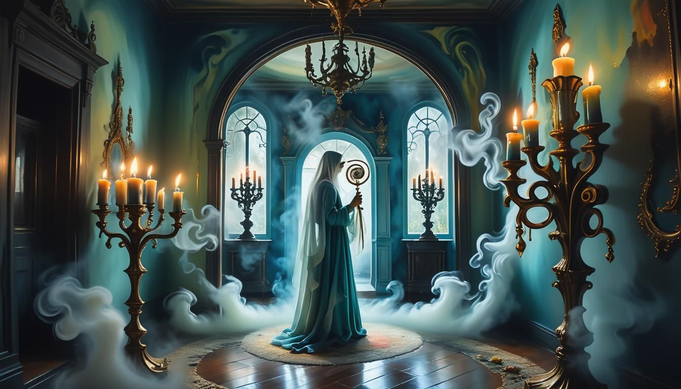 Ghostly Apparition in Surrealist Dreamscape Oil Painting