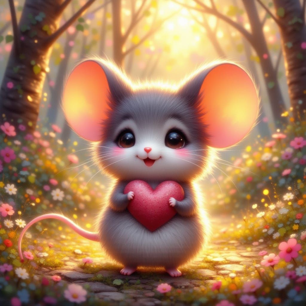 Cute Mouse Holding Glowing Heart in Magical Forest
