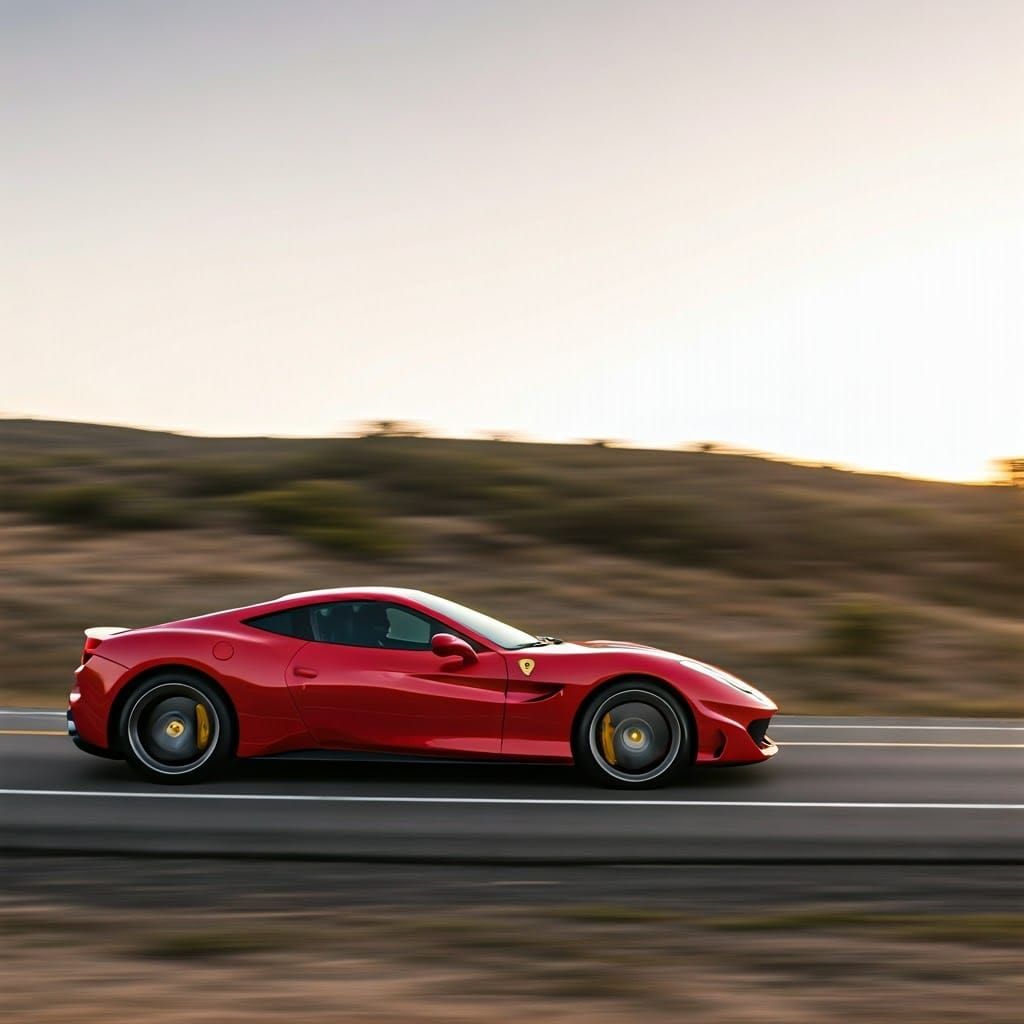 Ferrari Speeds Down Winding Highway at Golden Hour