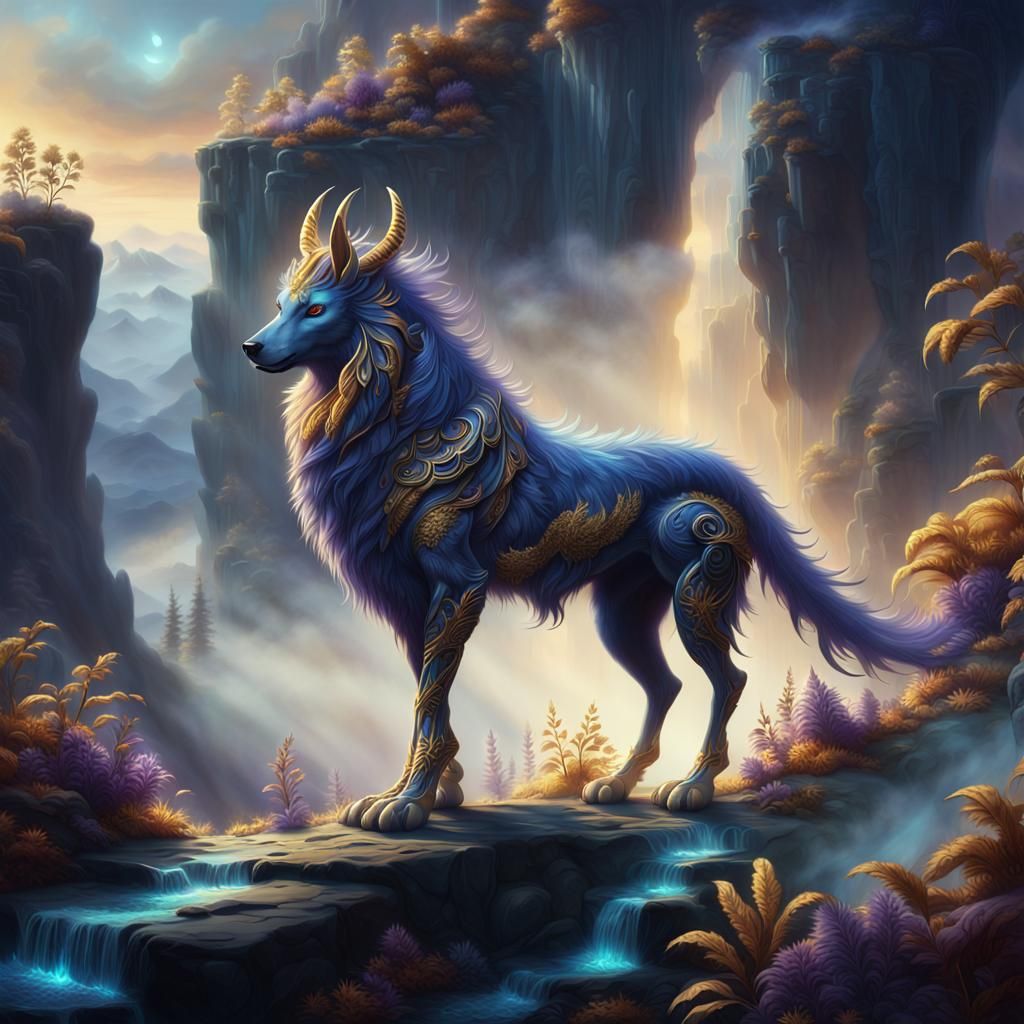 Mythical Quadruped on Misty Mountain Ledge