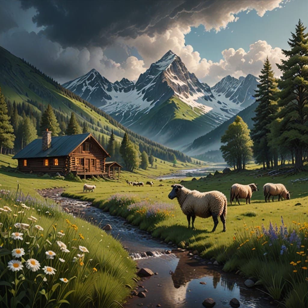 Snow-Covered Mountains and Cozy Cabin in Hyperrealistic 3D