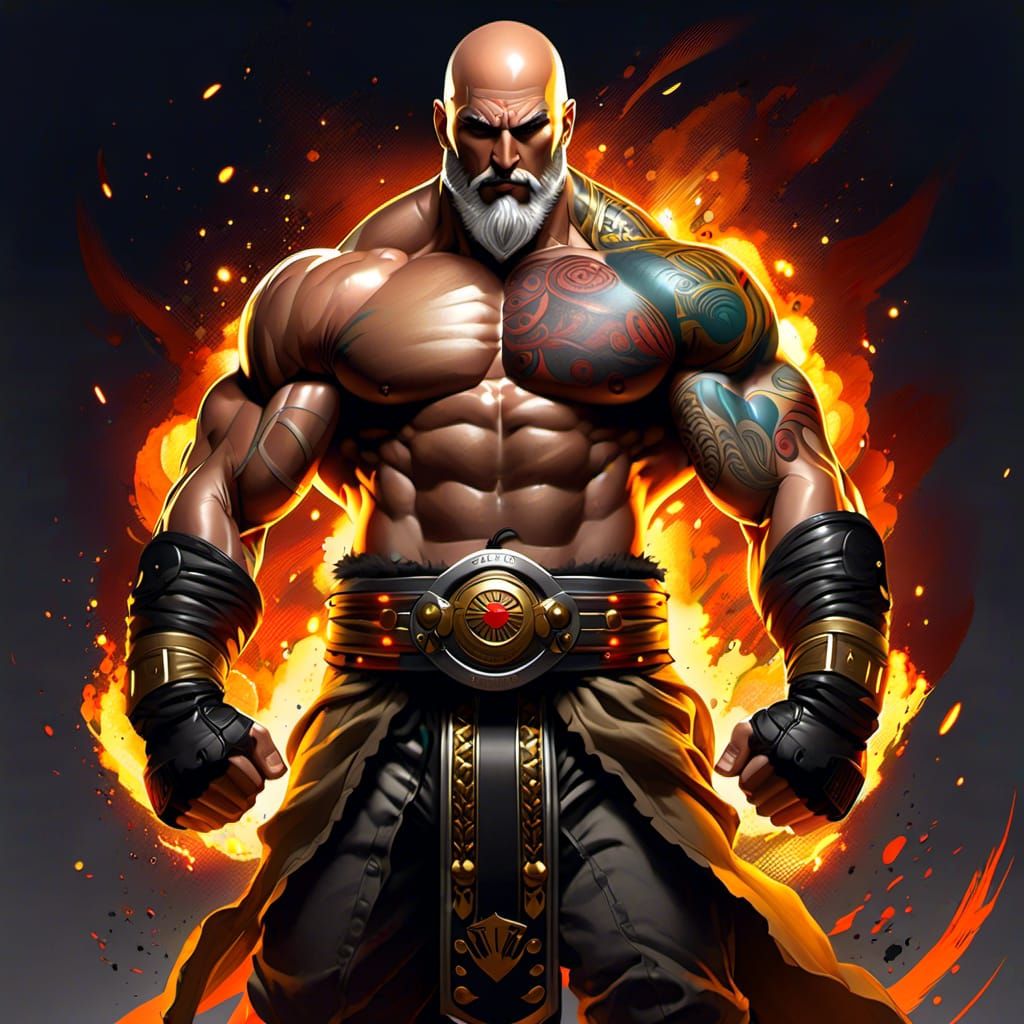 Muscular Tattooed Anime Fighter with Championship Belt