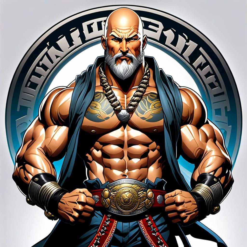 Muscular Tattooed Anime Fighter with Championship Belt