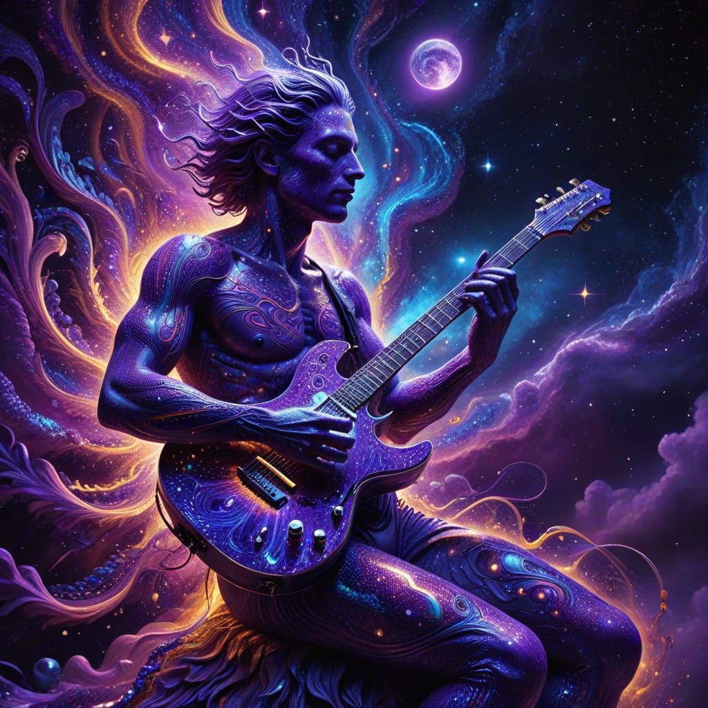 Cosmic Guitarist in Vibrant Purple Hues