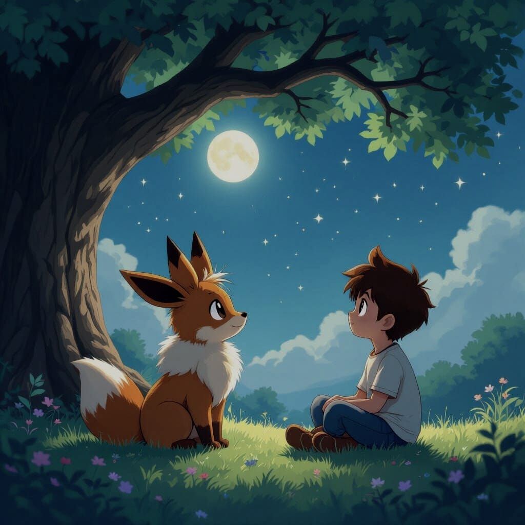 Boy and Eevee Under Moonlit Tree