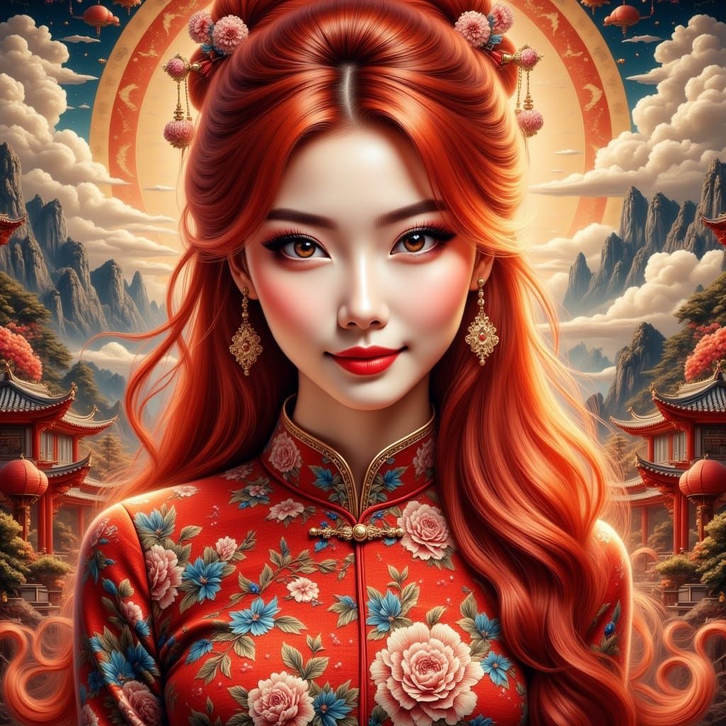 Hyperrealistic Chinese Pinup in Vibrant Colors and Intricate...