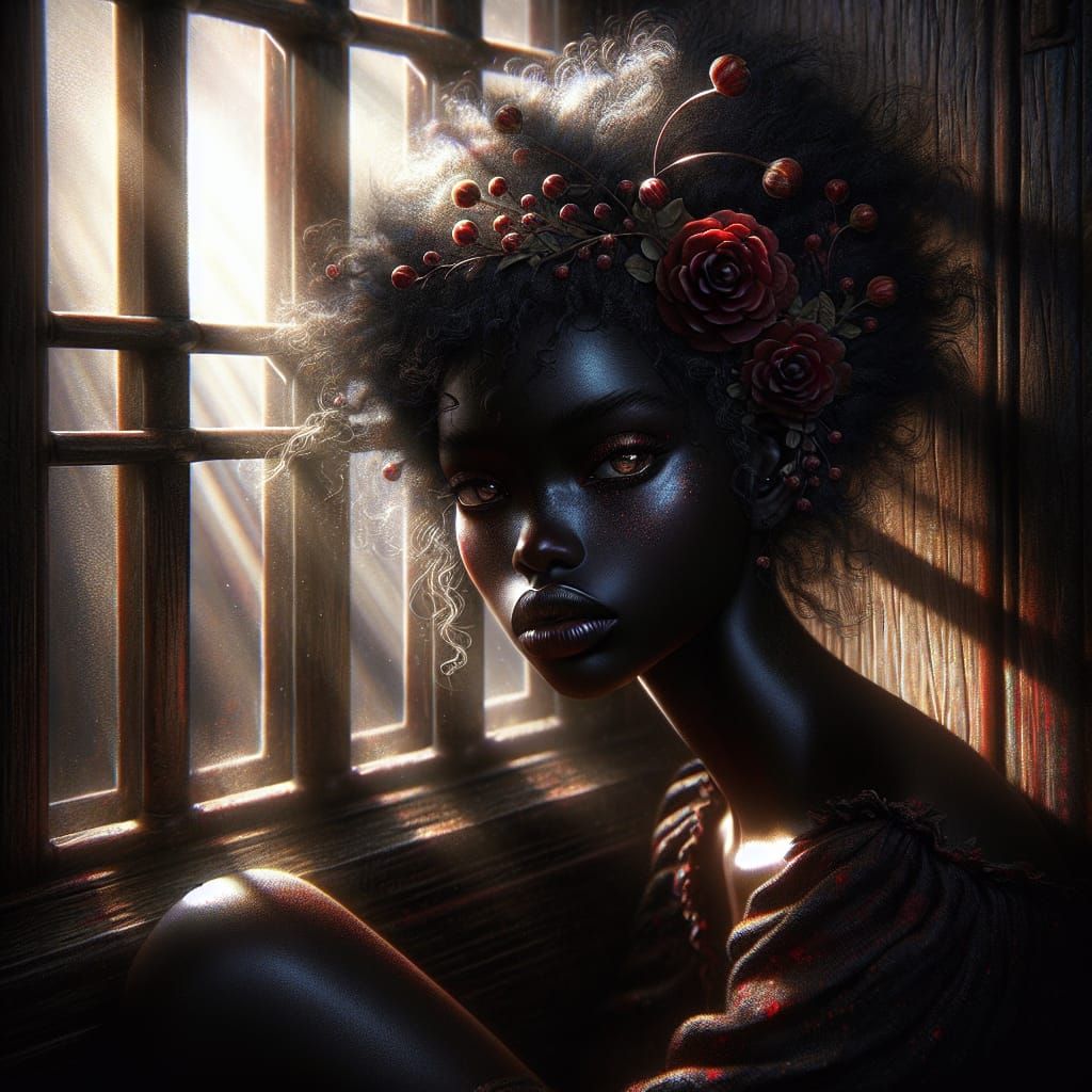 Ebony Woman at Window in Matte Painting Style
