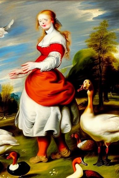 Redhead Lady Grazing Geese in Baroque Style