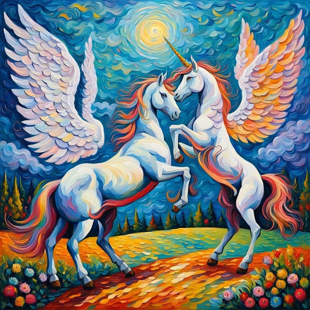 Unicorn and Angel Presenting Wings as Oil Painting