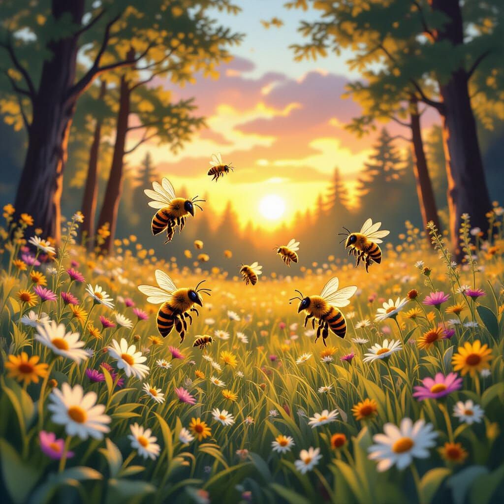 Bees Dancing in a Sunlit Forest at Sunset