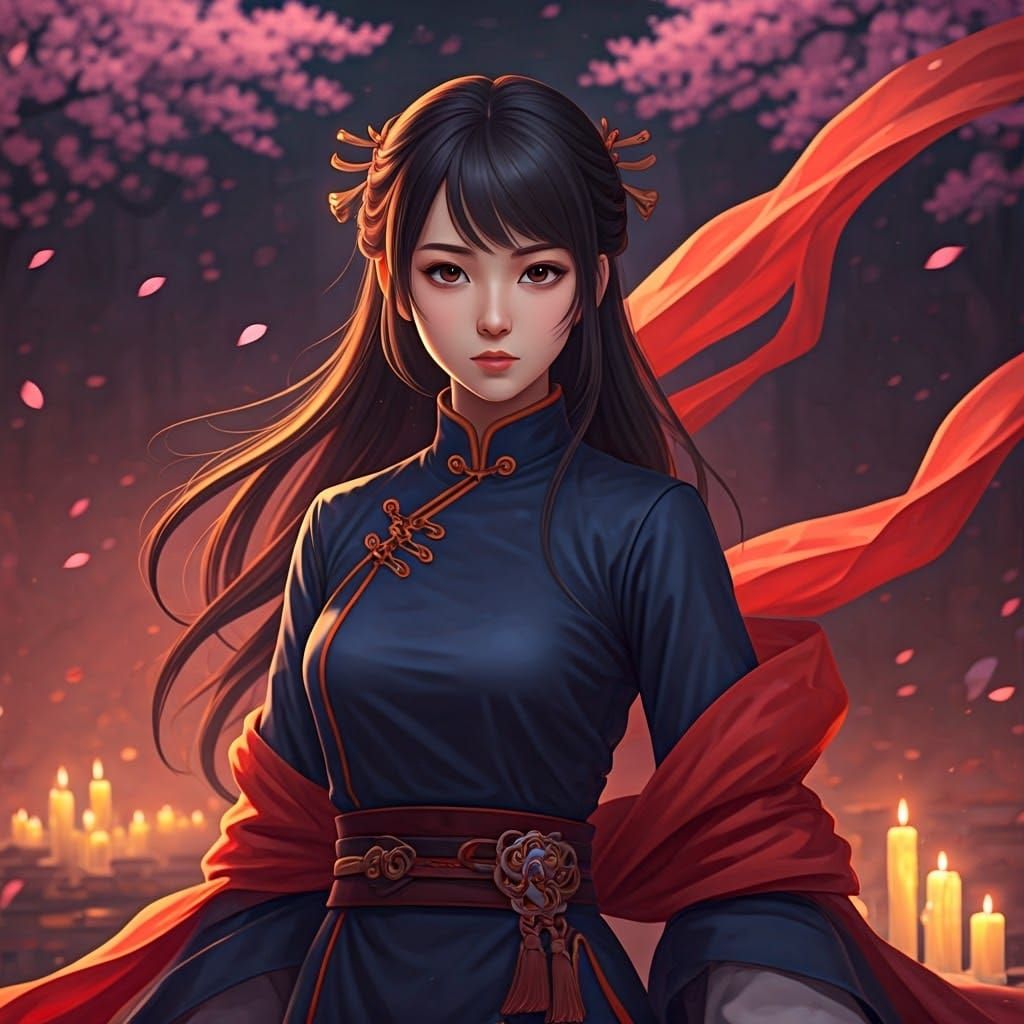 Asian Woman in Blossoms: Dramatic Anime Art