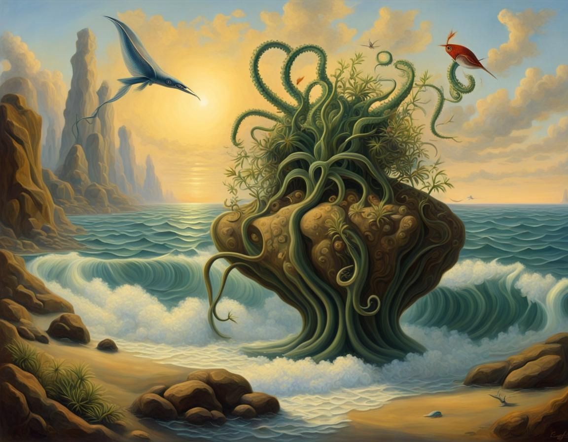 Surreal Machine on a Coastline with Rising Sea Life