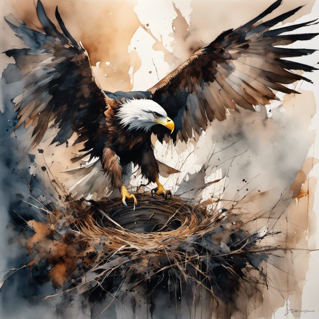 Watercolor Eagle Contemplates Empty Nest