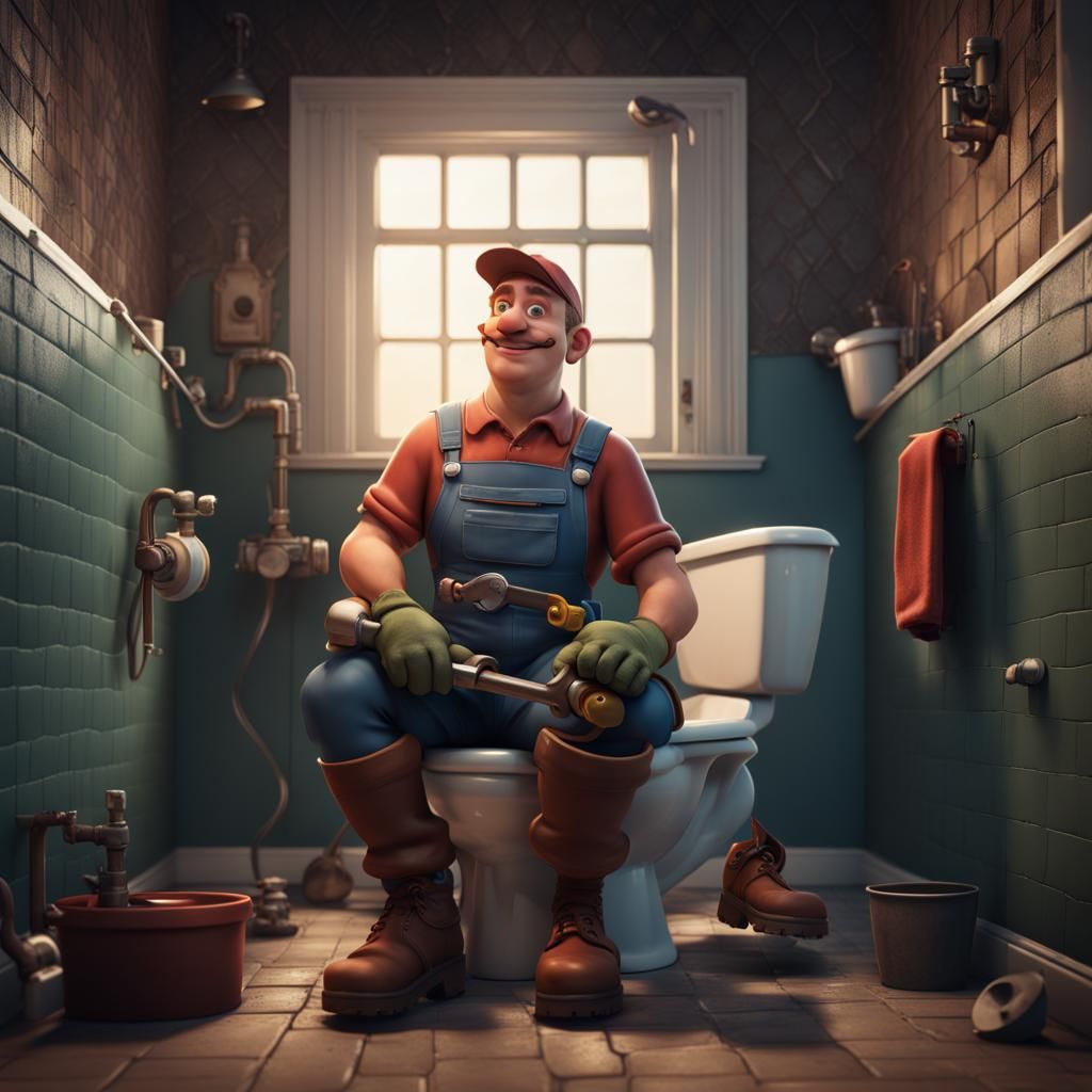 Happy Plumber on Toilet: Detailed Matte Painting