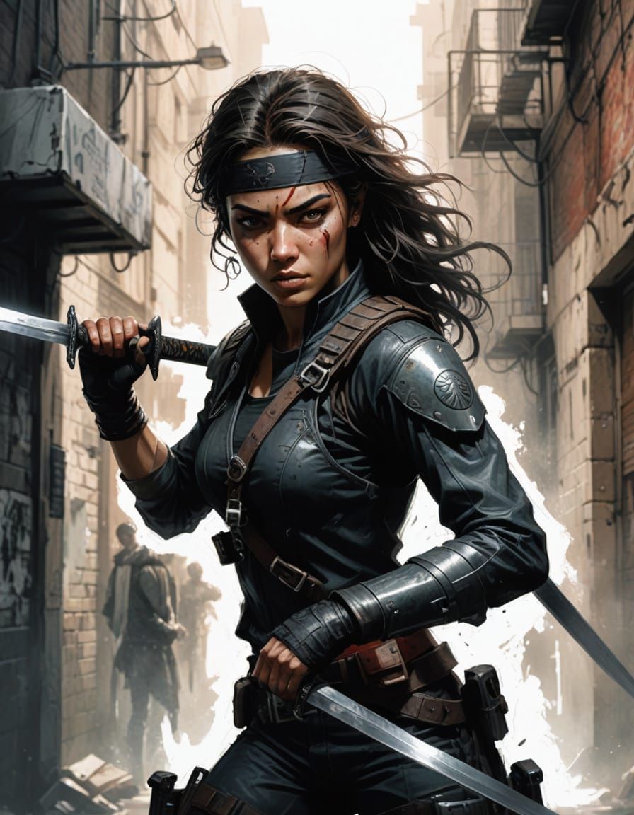 Female Assassin in Gritty Alleyway - 1990s Comic Art