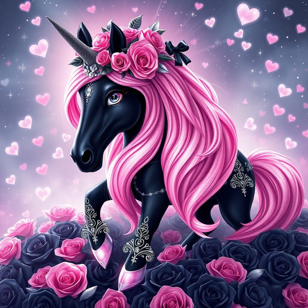 Majestic Black Unicorn in Whimsical Fantasy Landscape