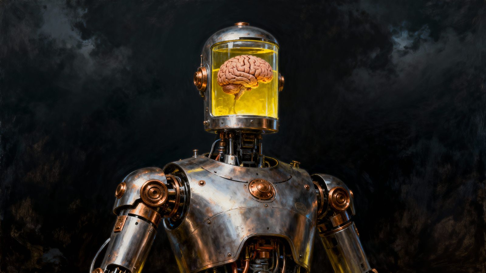 Brushed Steel Robot With Brain in Yellow Liquid