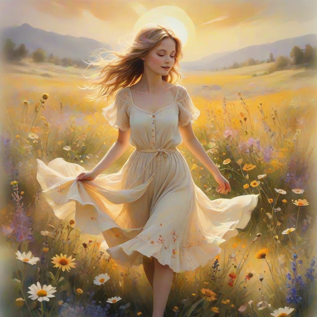 Whimsical Watercolor Summer Scene with a Twirling Girl