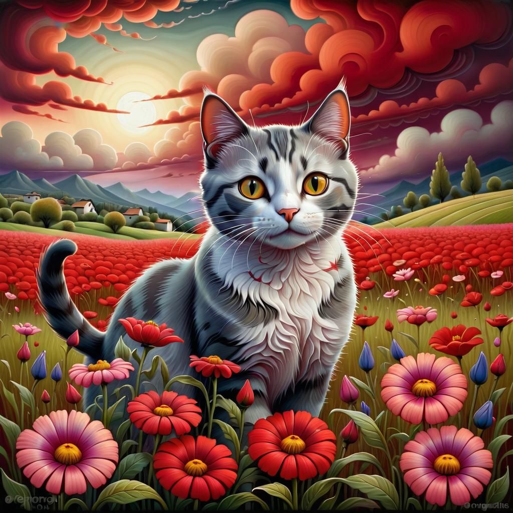 Cat in Flower Field: Folkloric Peruvian Illustration