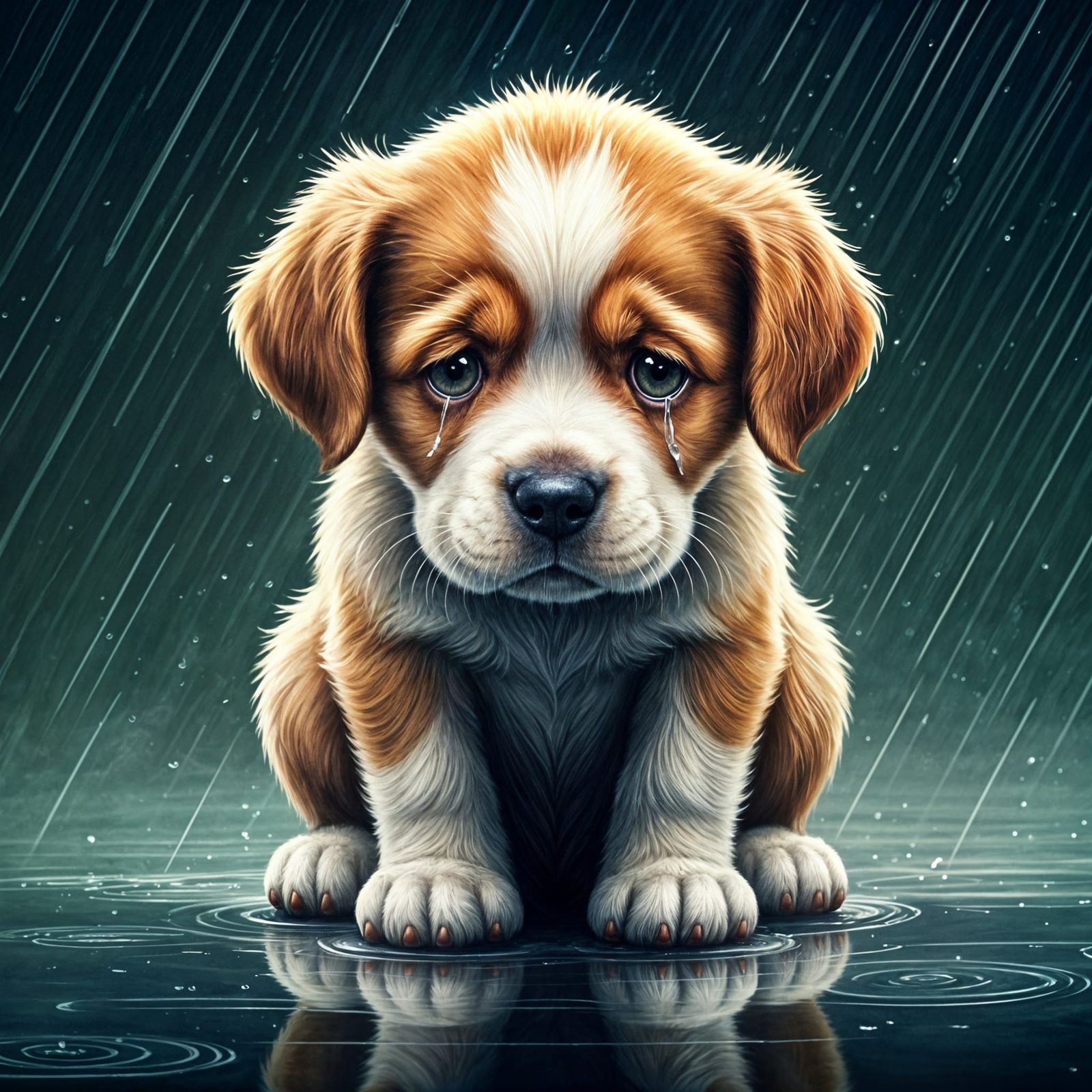 Sad Puppy in Rain Watercolor Painting