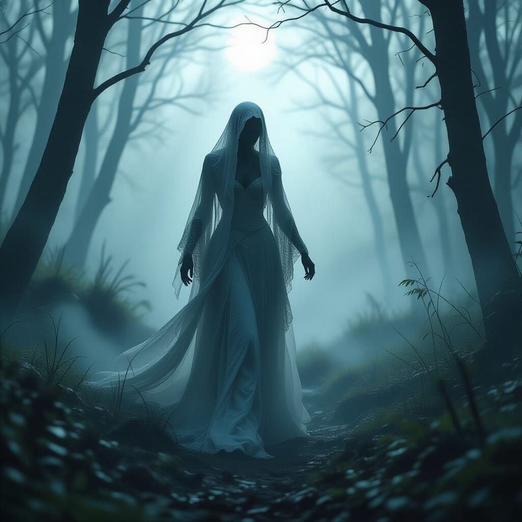 Ethereal Specter Drifting Through Shadowy Woodland