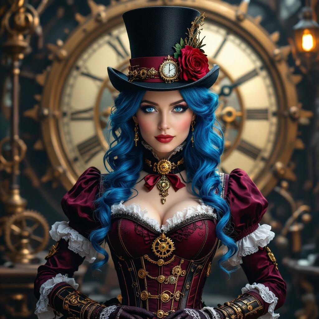 Steampunk Victorian Woman in Clockwork Workshop