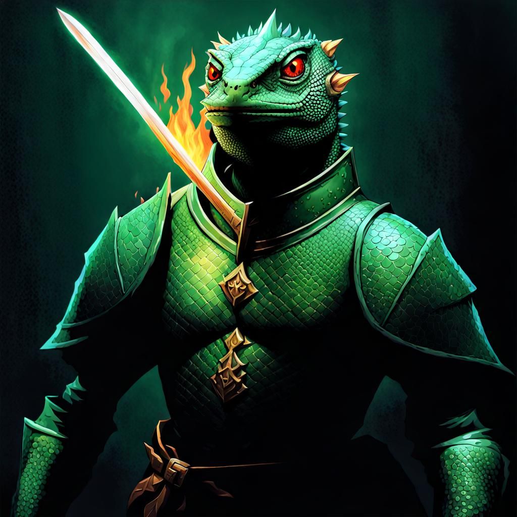 Armored Lizard Warrior with Flaming Sword