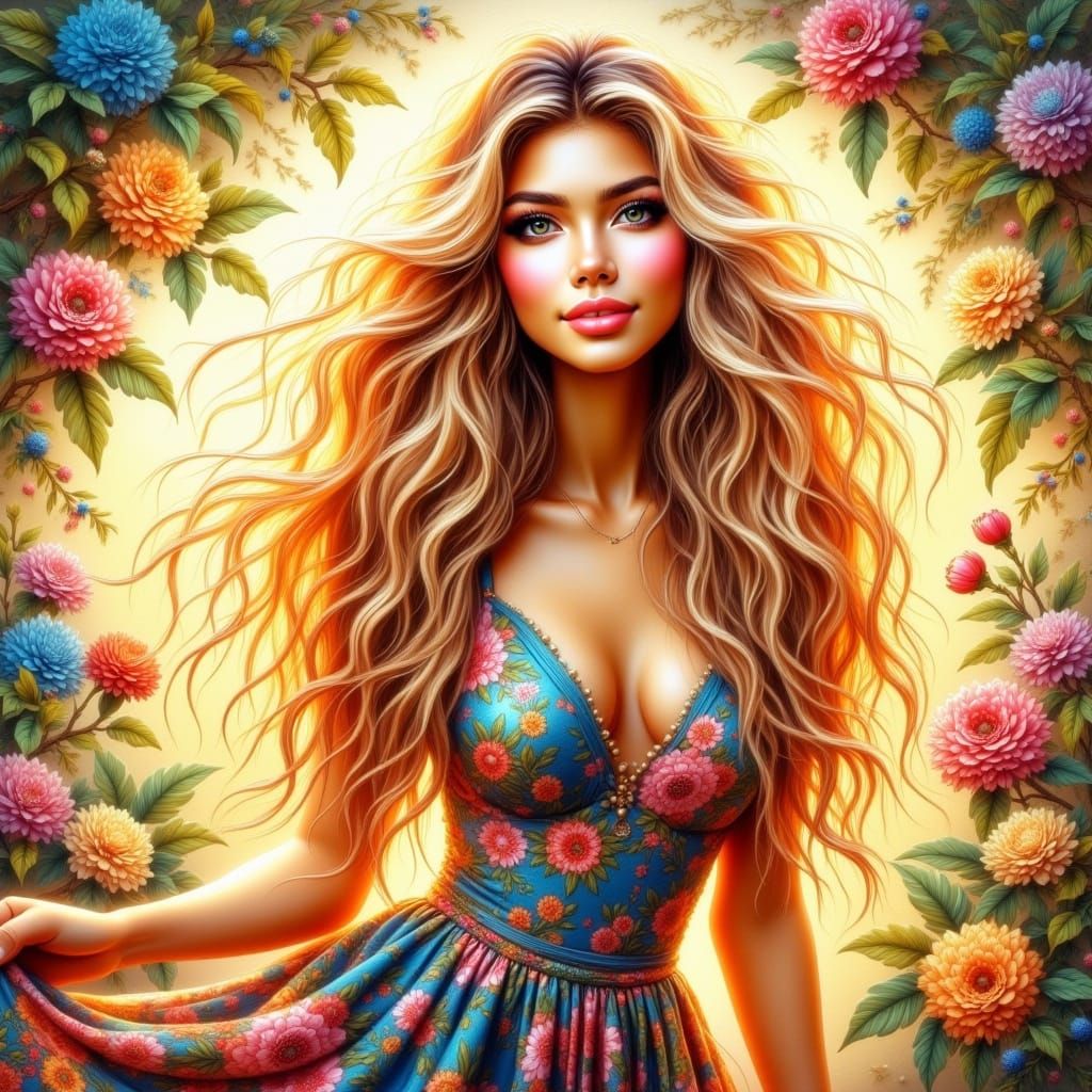 Ethereal Blonde Woman in Whimsical Summer Dress