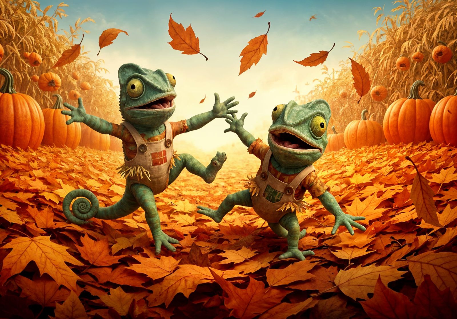 Joyful Chameleons Play Hide-and-Seek in Autumn Leaves