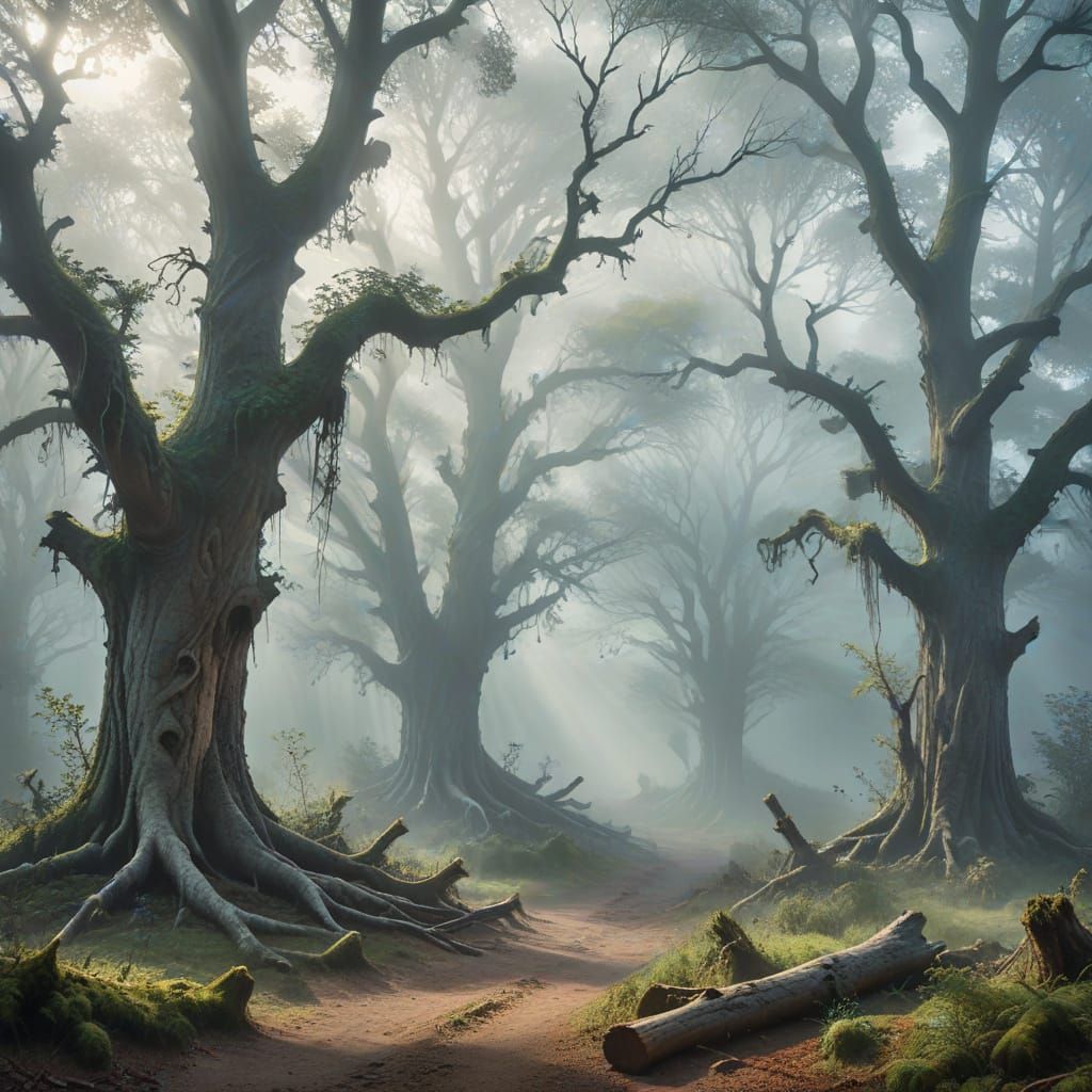 Ethereal Misty Forest Landscape Digital Painting