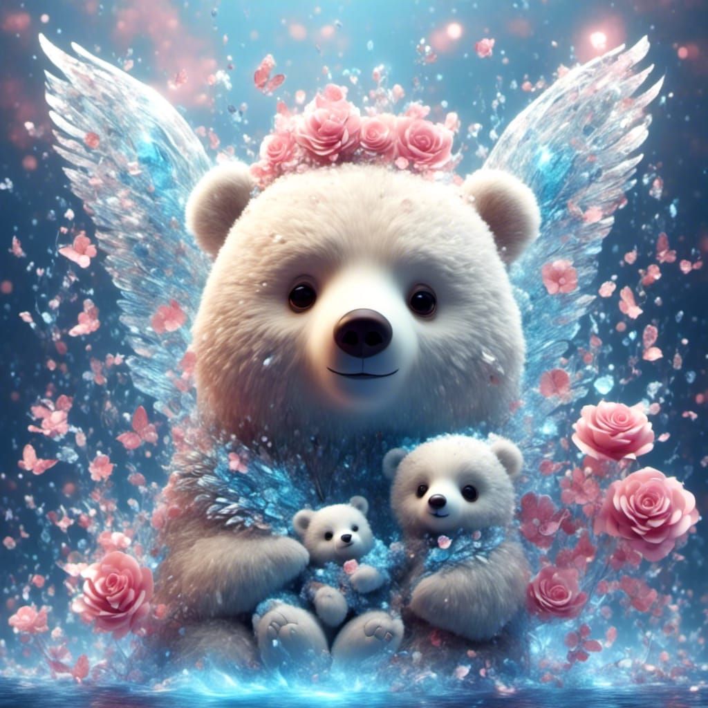 Flying Mother and Baby Bears with Wings in 3D