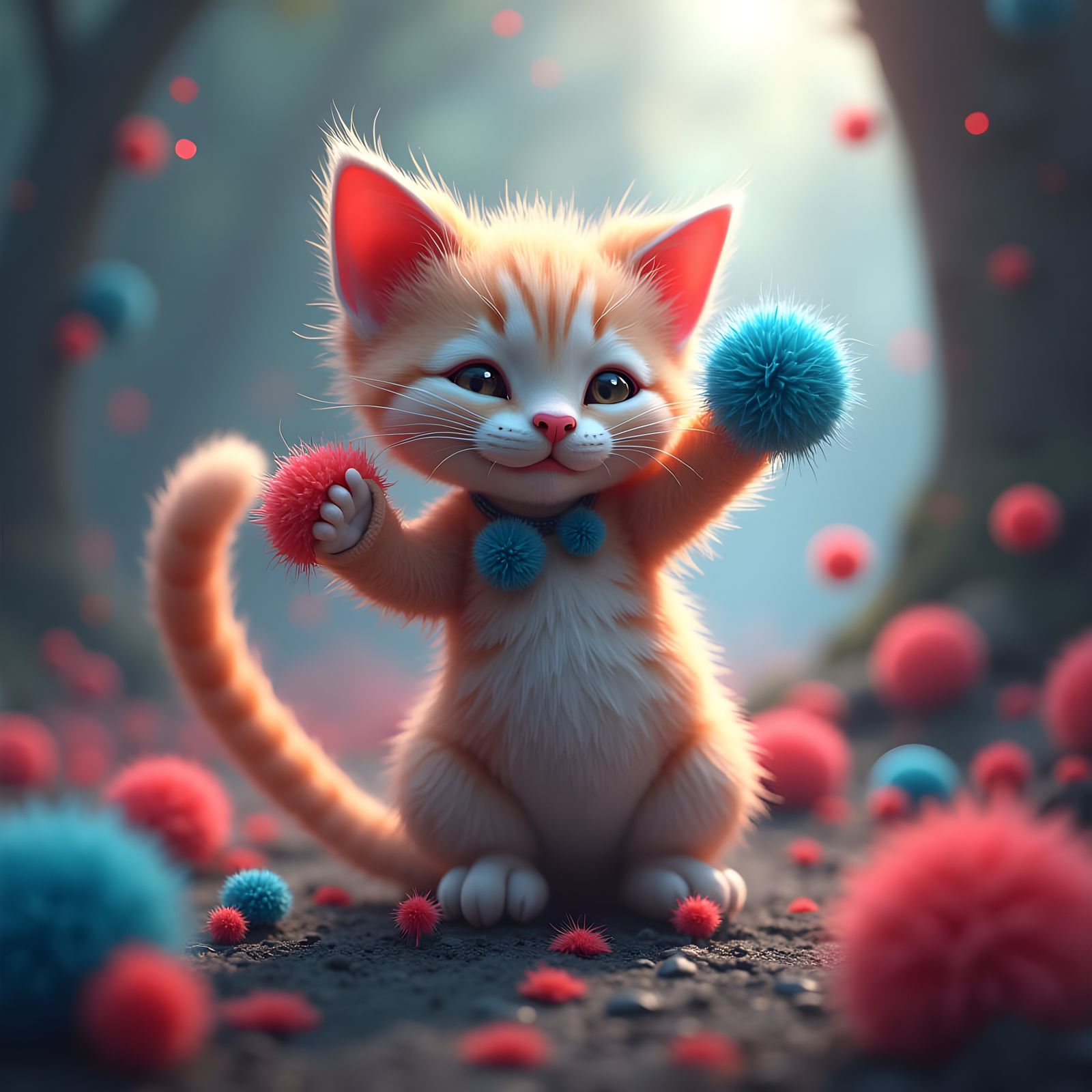 Kitty with Pom Poms: Detailed Fantasy Concept Art