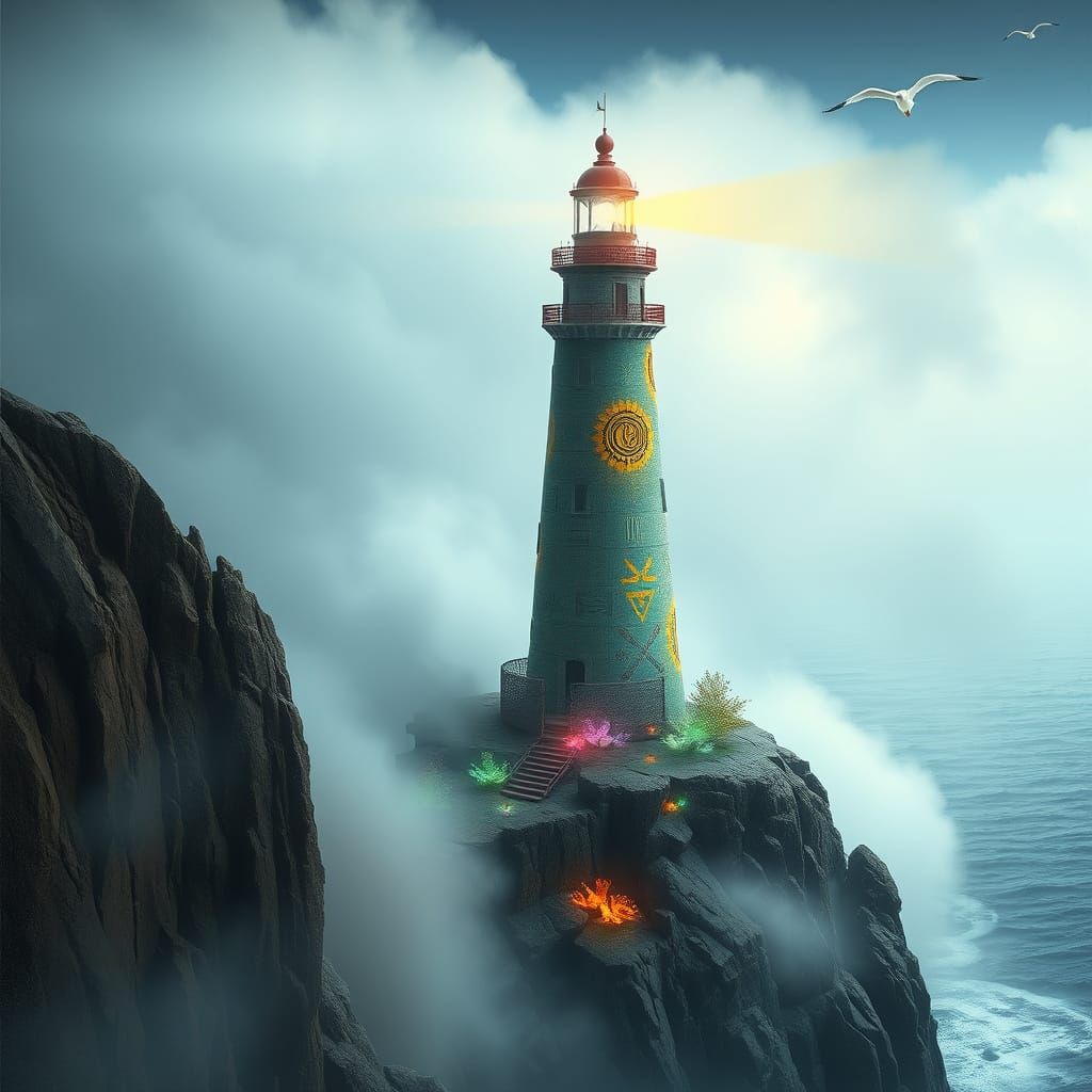 Surreal Lighthouse on Windswept Cliff in Dreamlike Style