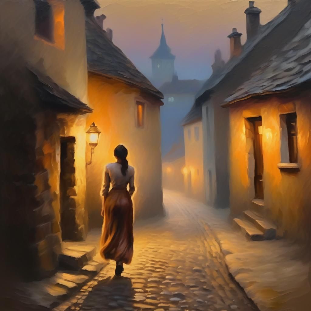 Mysterious Woman Arrives in Village: Impressionist Oil Paint...
