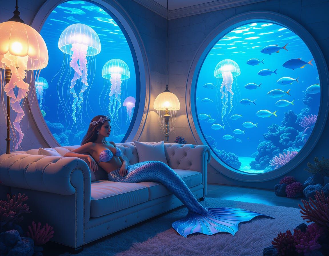 Mermaid in Underwater Apartment, Photorealistic Style