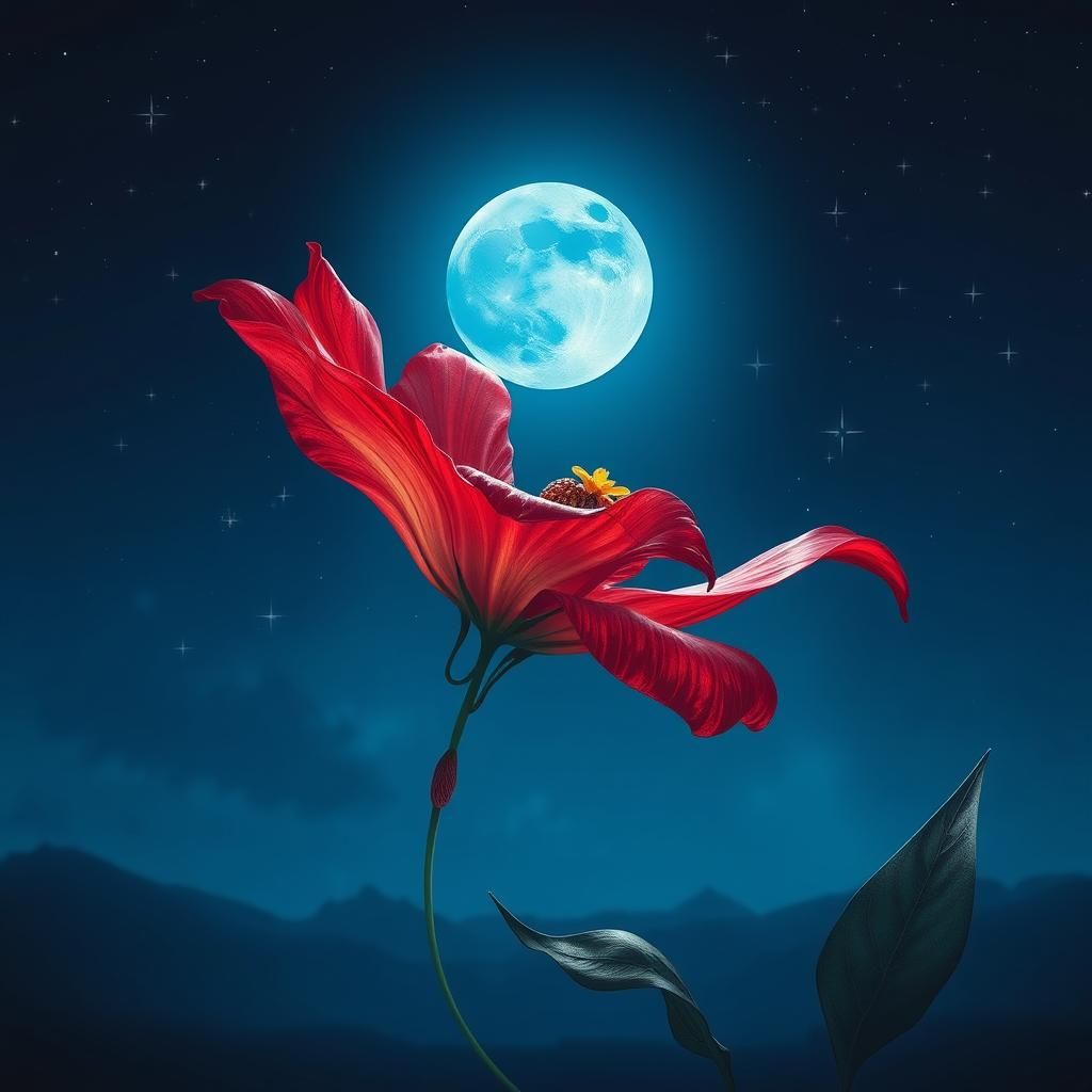 Ethereal Red Flower Under Moonlight: A Surreal Digital Art P...