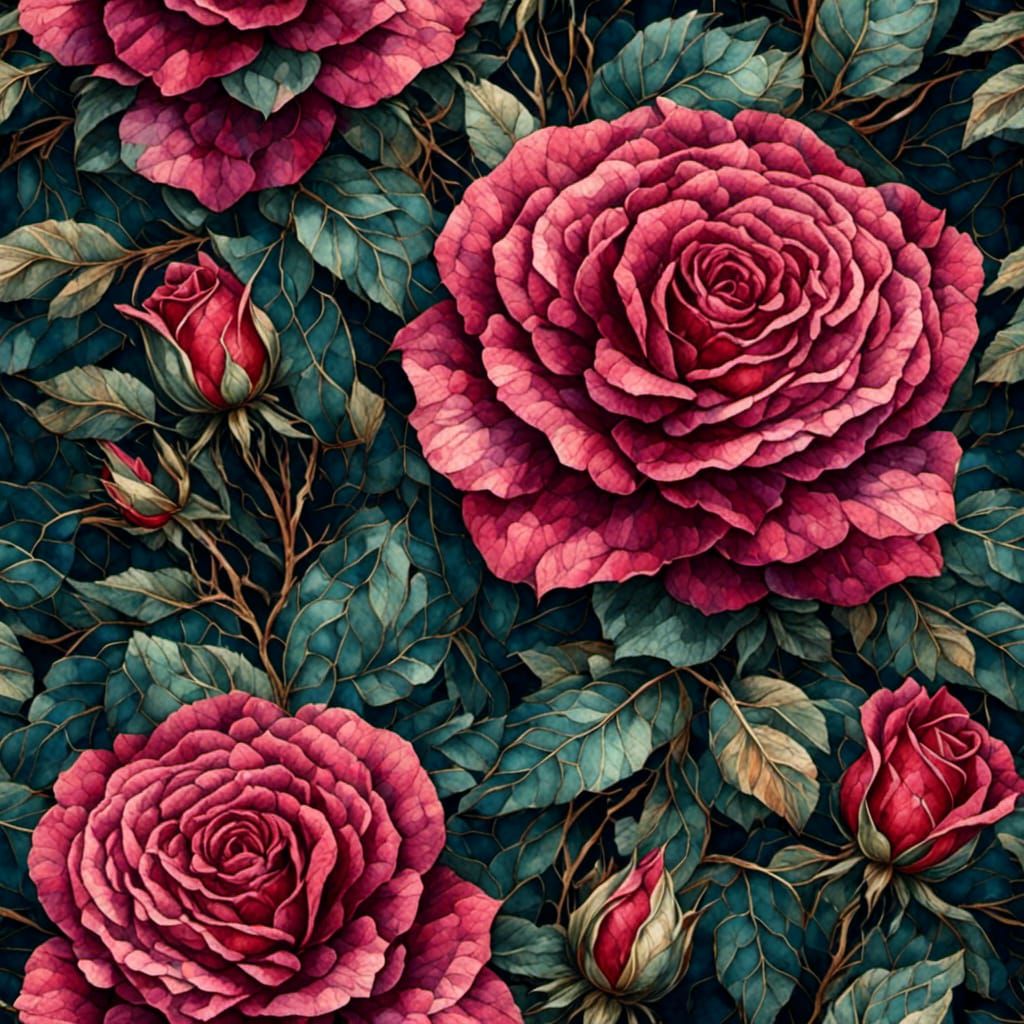 Detailed Mosaic of a Dark Rose in Watercolor