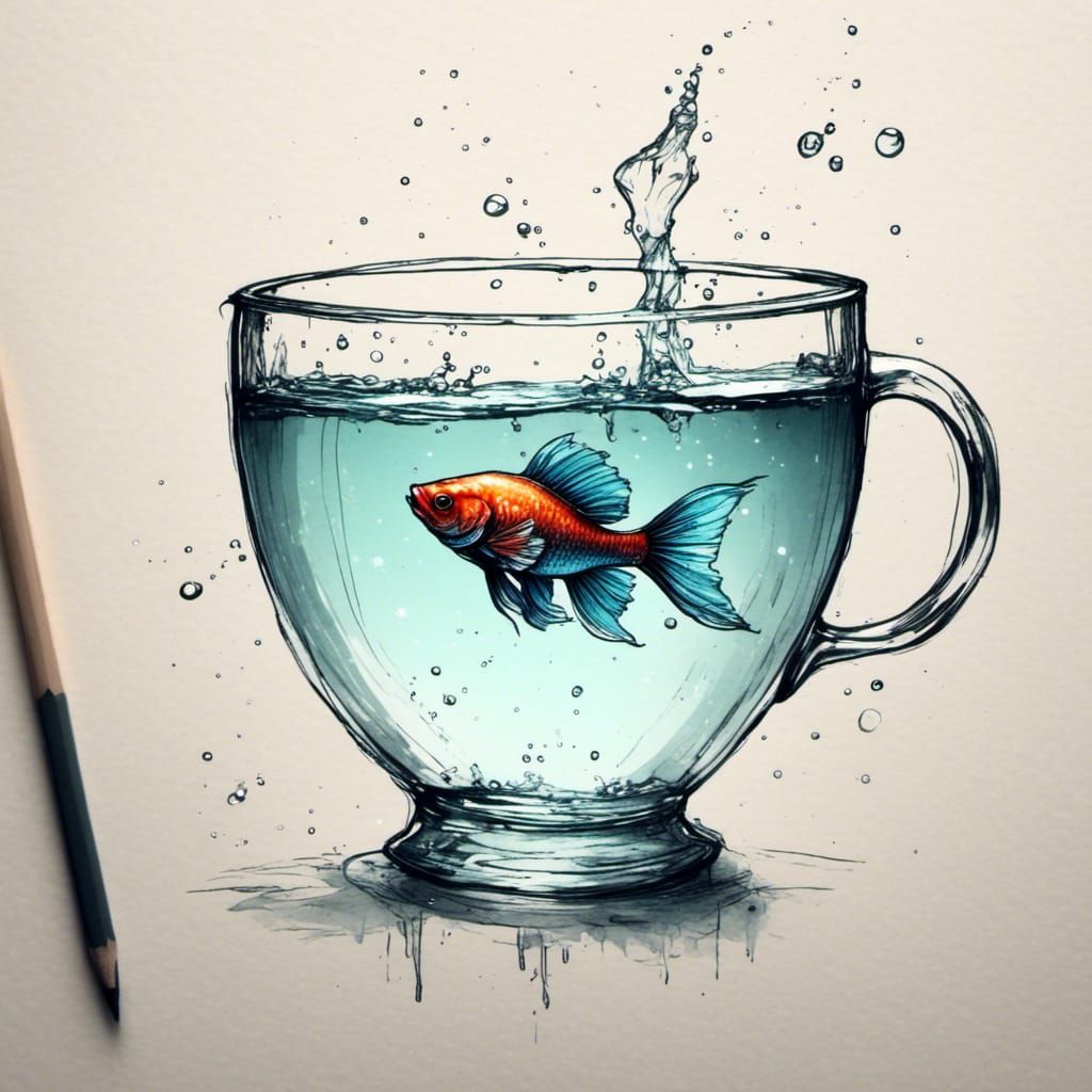 Beta Fish in Teacup: Minimalist Pencil Sketch