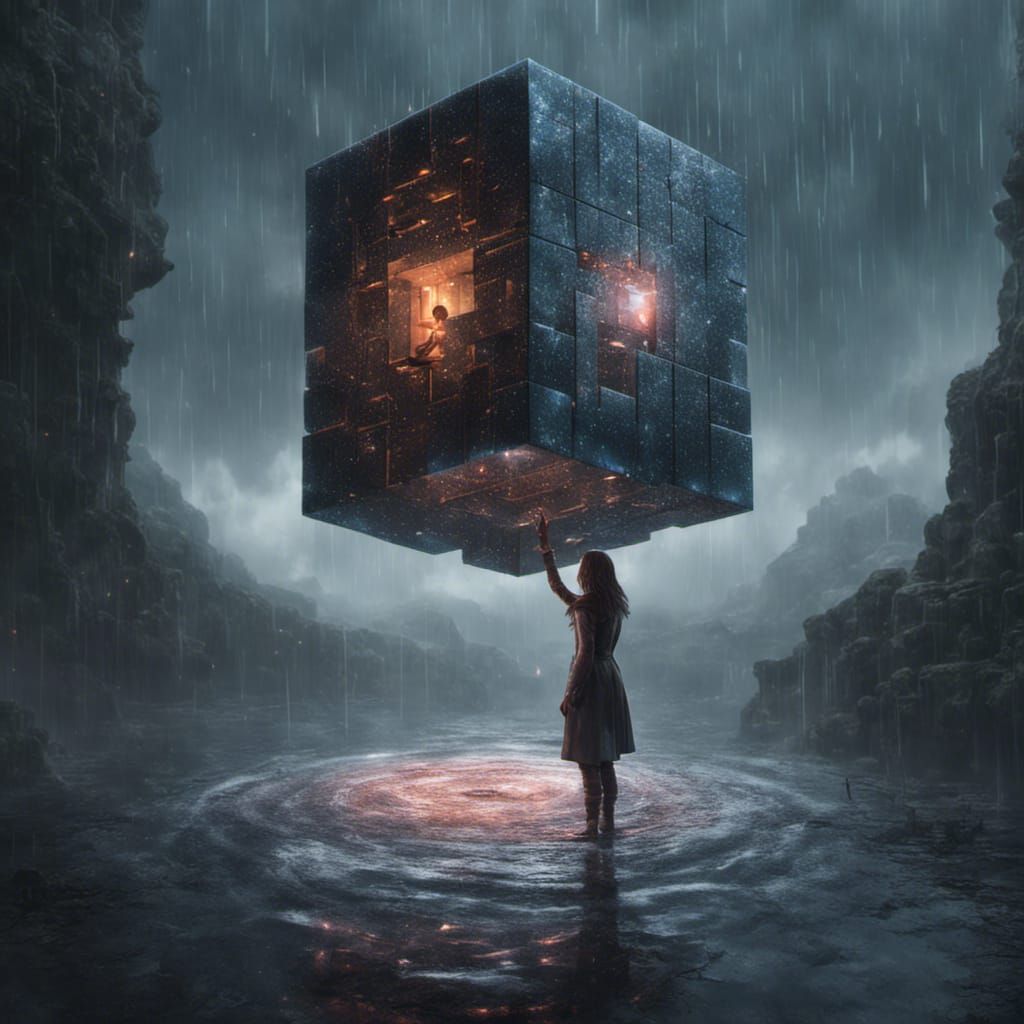 Girl with AI Cube in Dark Fantasy Abyss