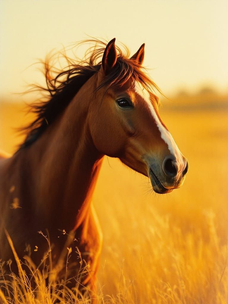 Horse Galloping at Golden Hour in Warm Analog Film Style