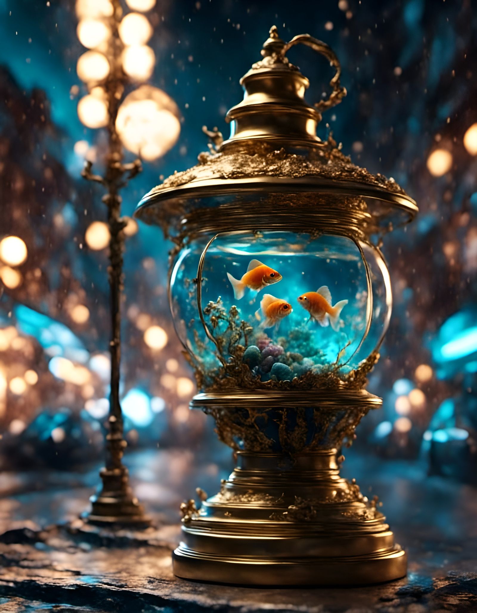 Fish Swims in Retro Street Lamp Aquarium