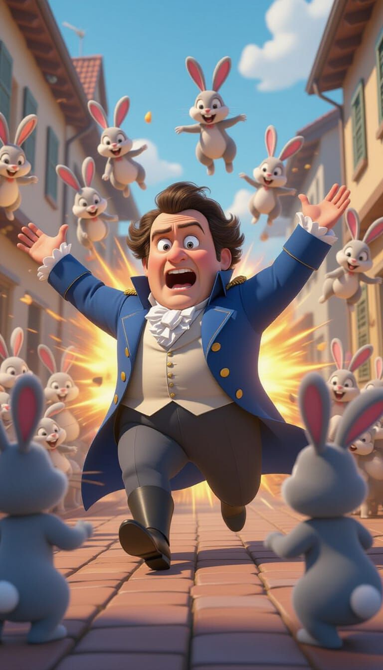 Napoleon Overwhelmed By 3D Cartoon Rabbits