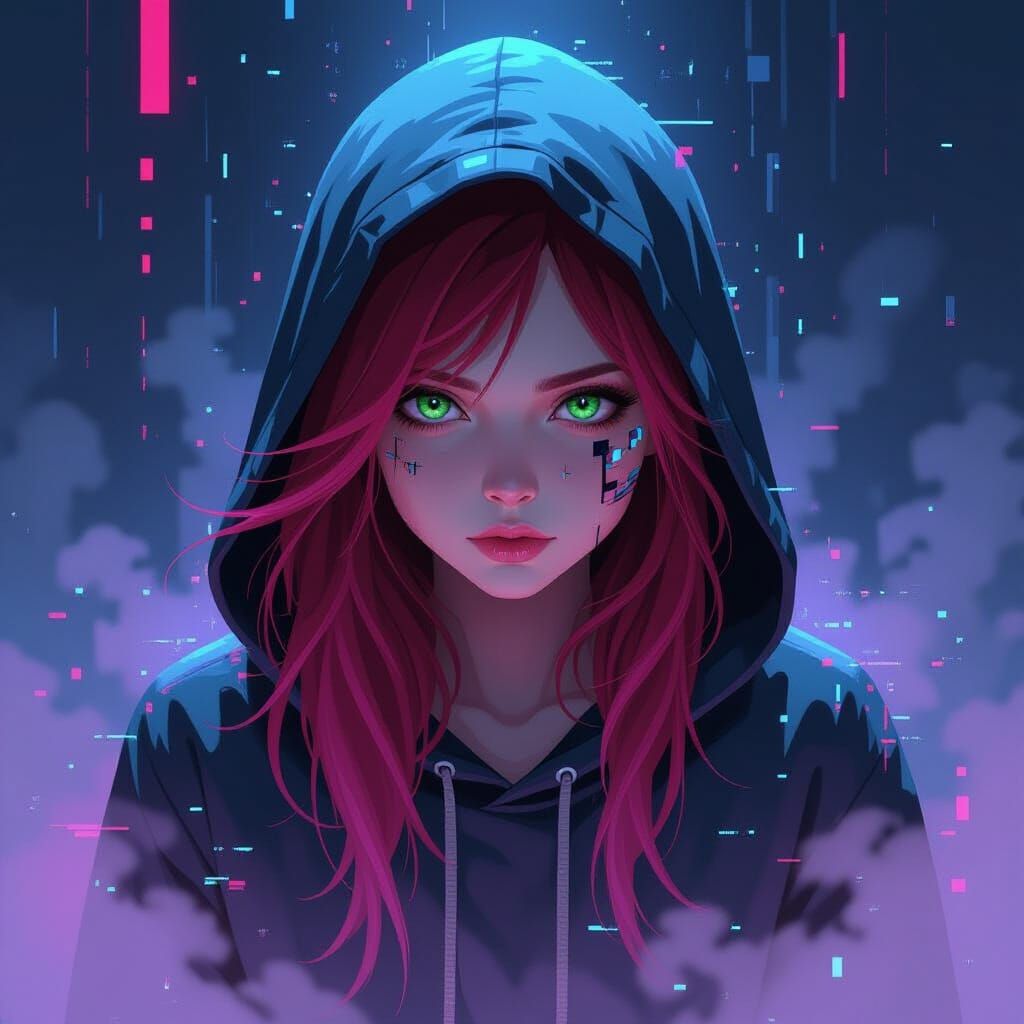 Glitch Art Portrait of Red-Haired Girl in Cyberpunk Style